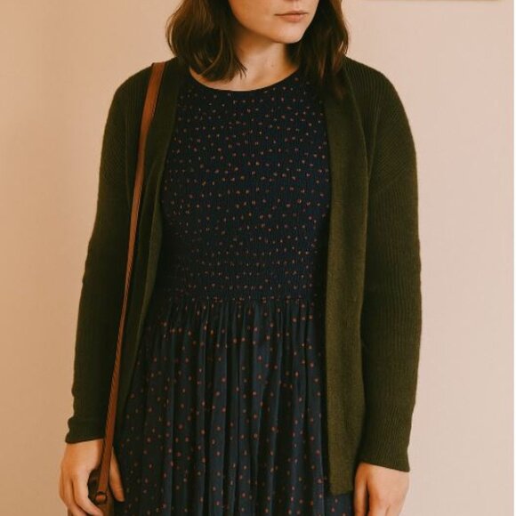 BODEN Lena Dress sz 12 Navy & Red Polka Dot Smocked Bodice Long Sleeve Knit - Picture 1 of 7